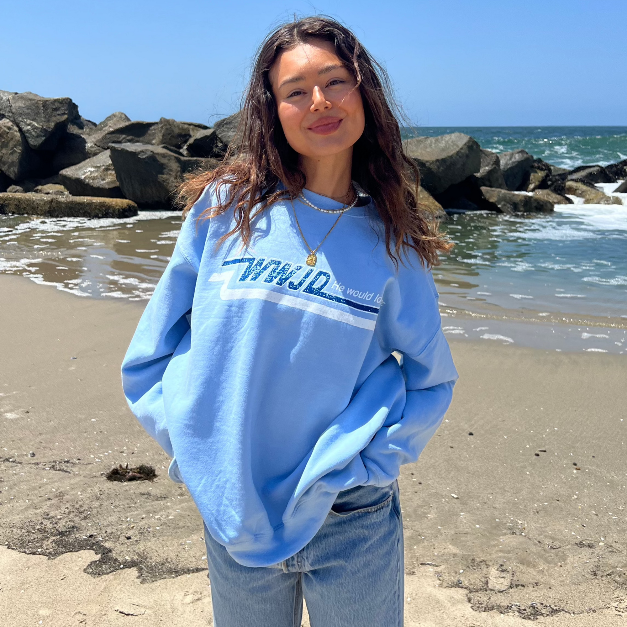 NEW! | VINTAGE WWJD "SKATER" CREWNECK | LIGHT BLUE