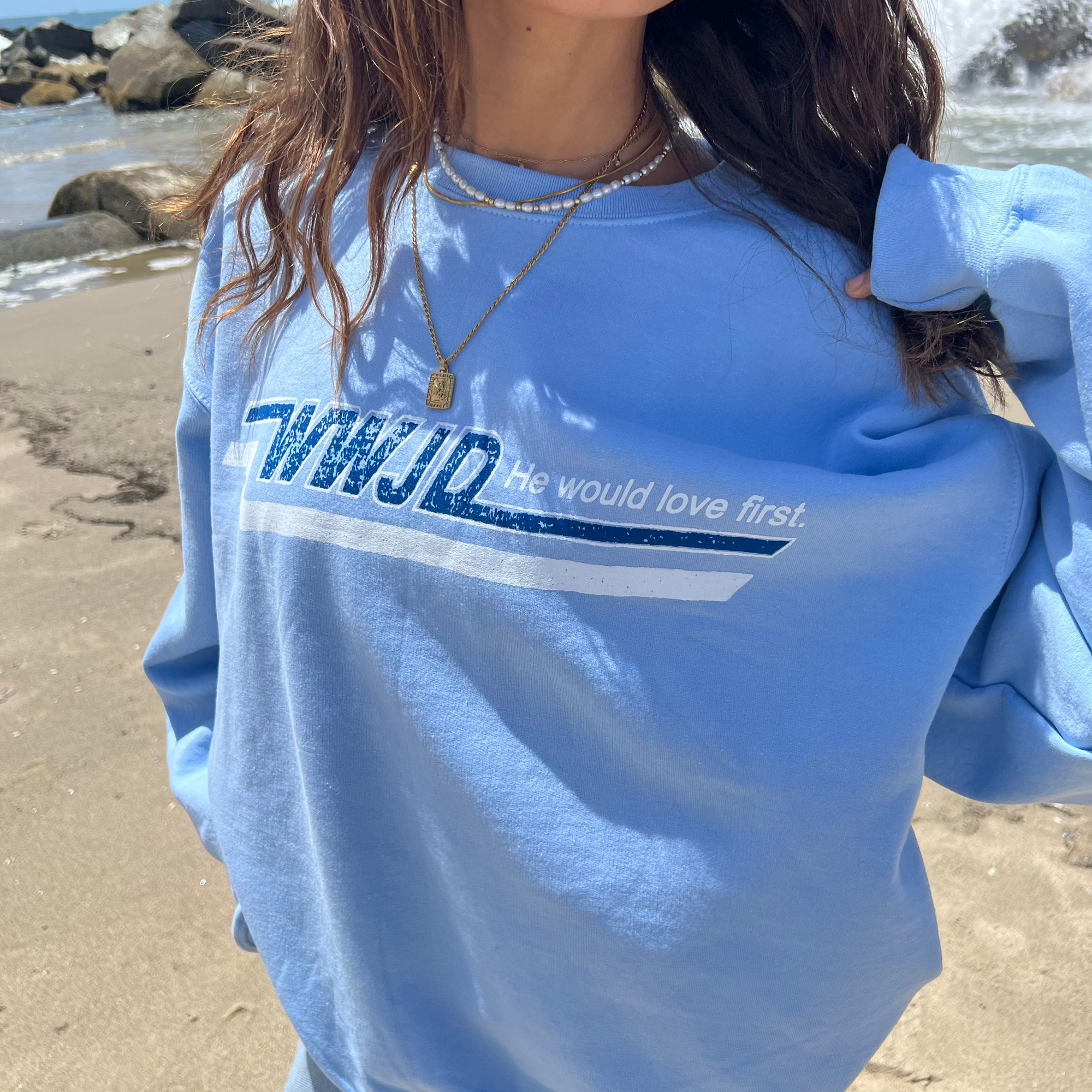 NEW! | VINTAGE WWJD "SKATER" CREWNECK | LIGHT BLUE