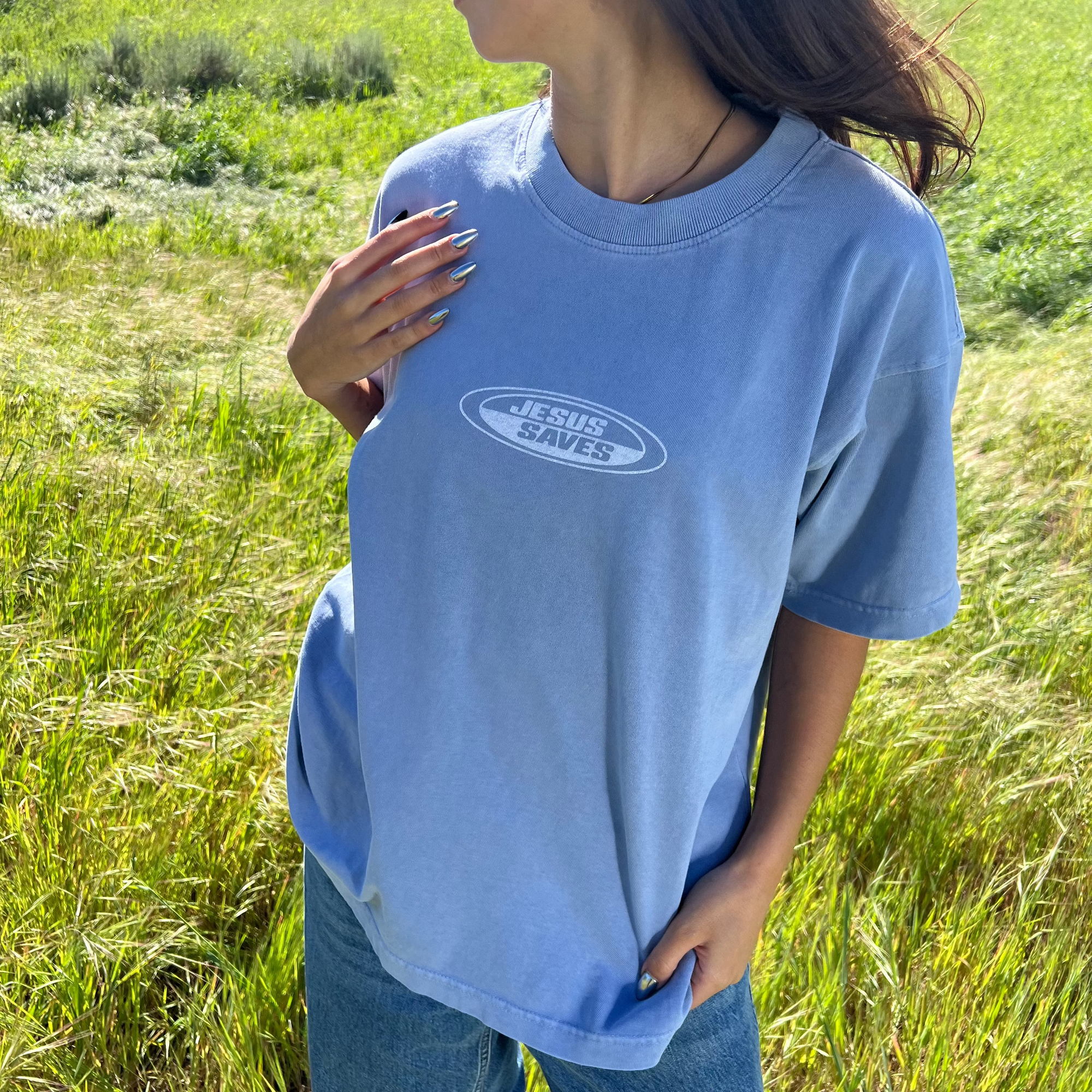 PREMIUM! | "JESUS SAVES" PREMIUM HEAVY WEIGHT TEE | LIGHT BLUE
