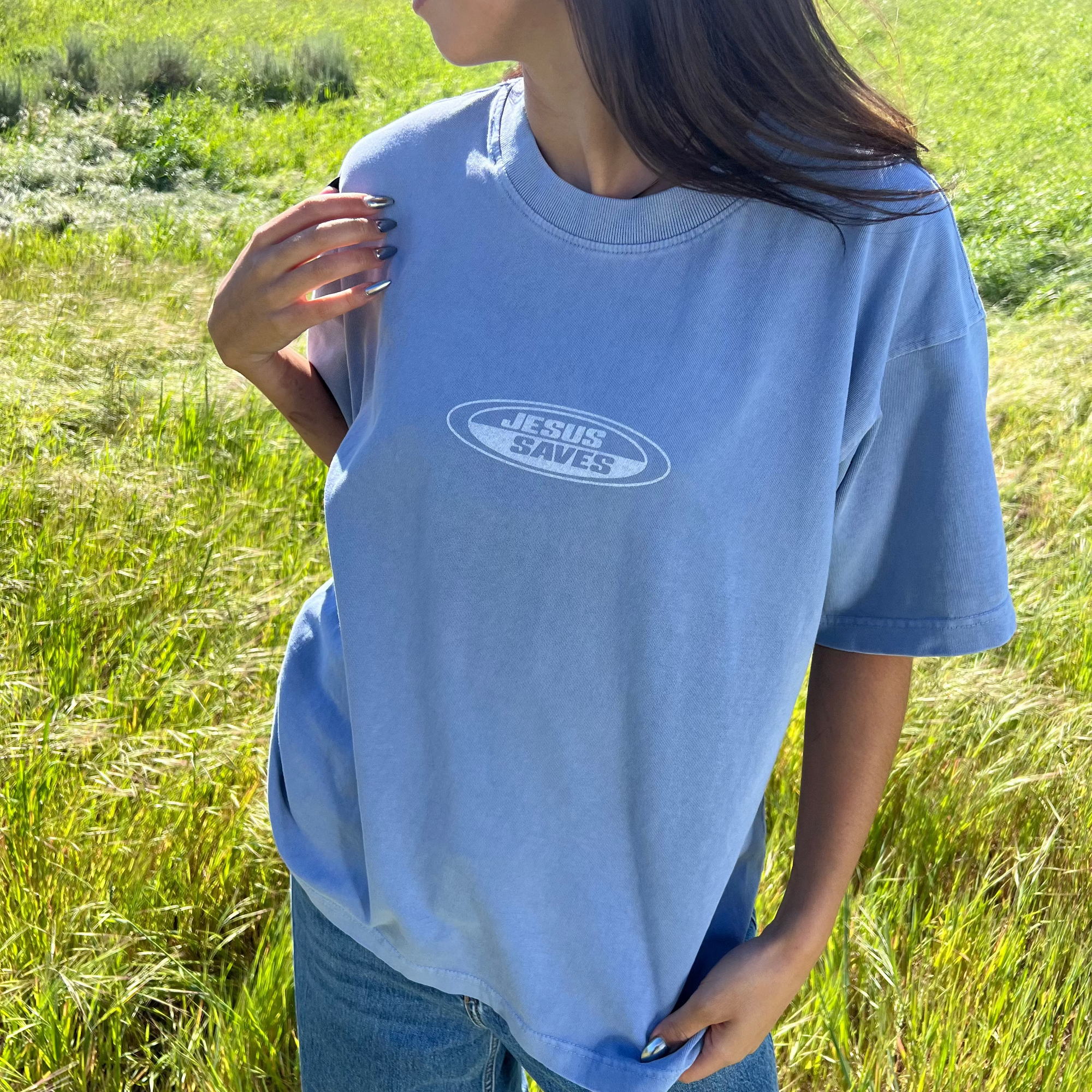 PREMIUM! | "JESUS SAVES" PREMIUM HEAVY WEIGHT TEE | LIGHT BLUE