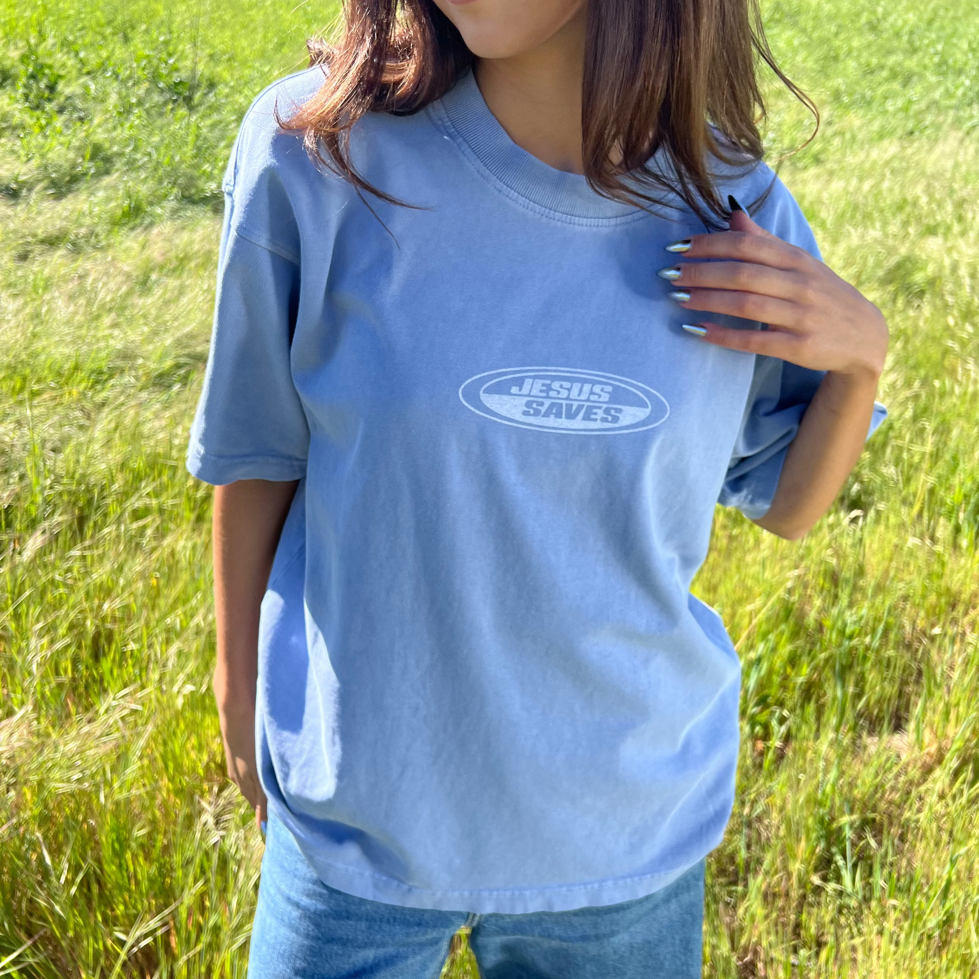 PREMIUM! | "JESUS SAVES" PREMIUM HEAVY WEIGHT TEE | LIGHT BLUE