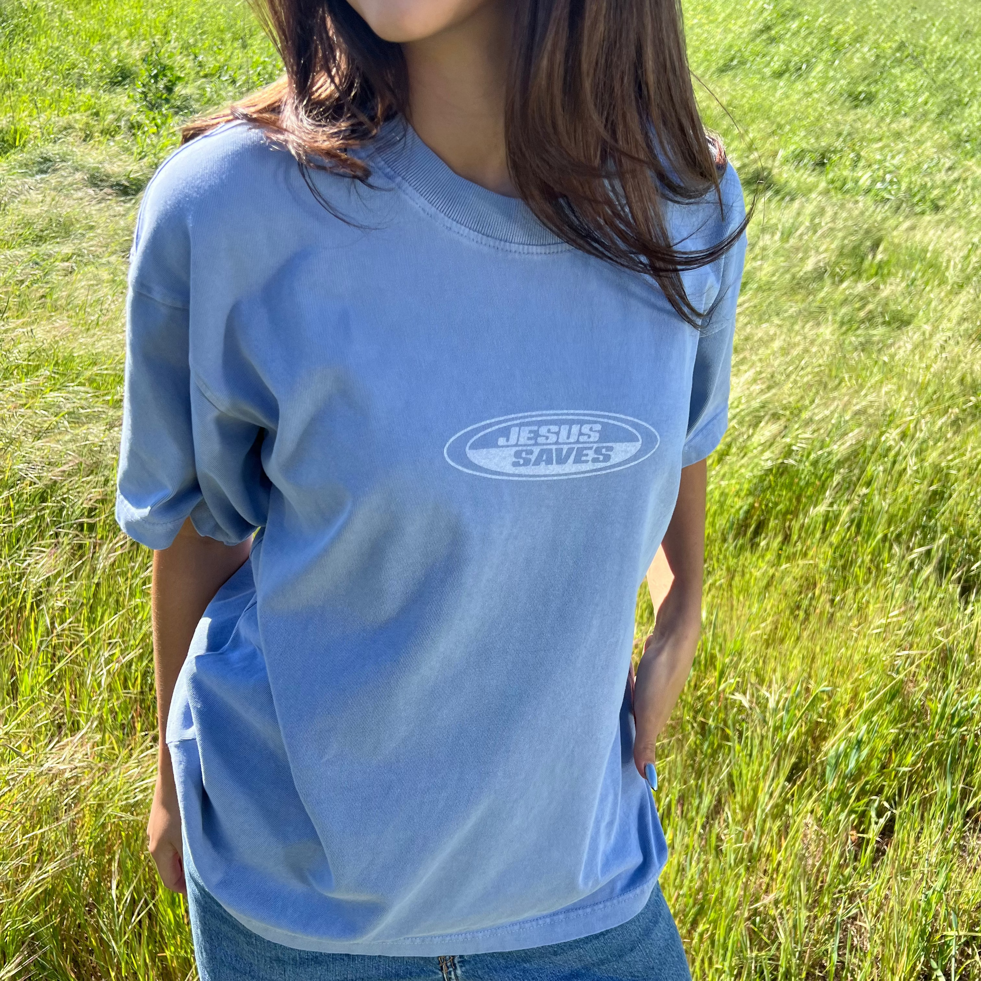 PREMIUM! | "JESUS SAVES" PREMIUM HEAVY WEIGHT TEE | LIGHT BLUE