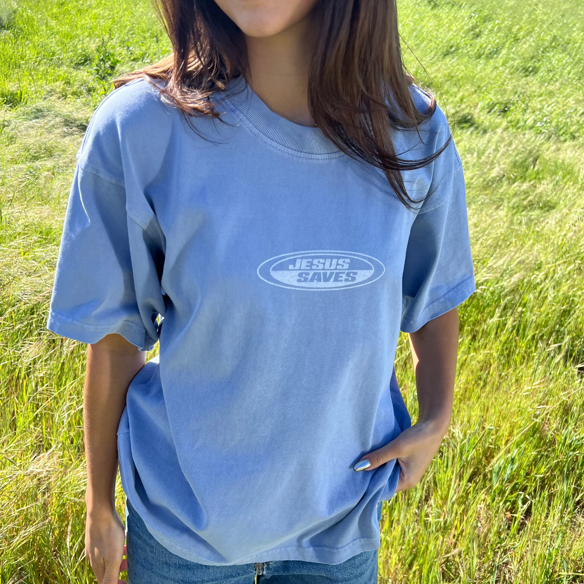 PREMIUM! | "JESUS SAVES" PREMIUM HEAVY WEIGHT TEE | LIGHT BLUE