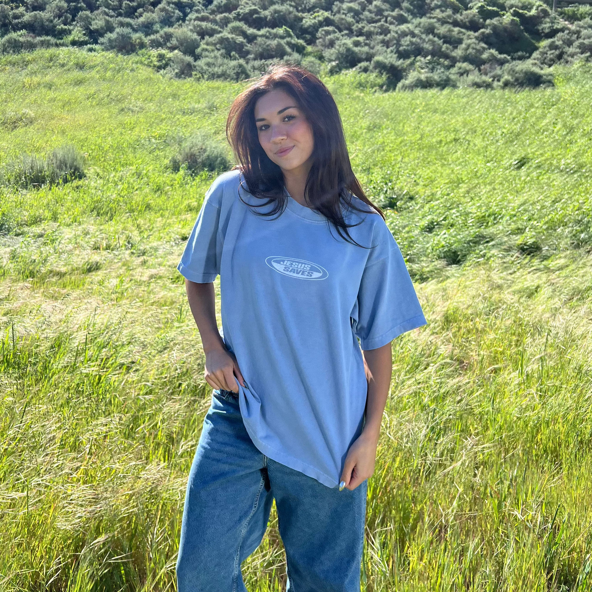 PREMIUM! | "JESUS SAVES" PREMIUM HEAVY WEIGHT TEE | LIGHT BLUE