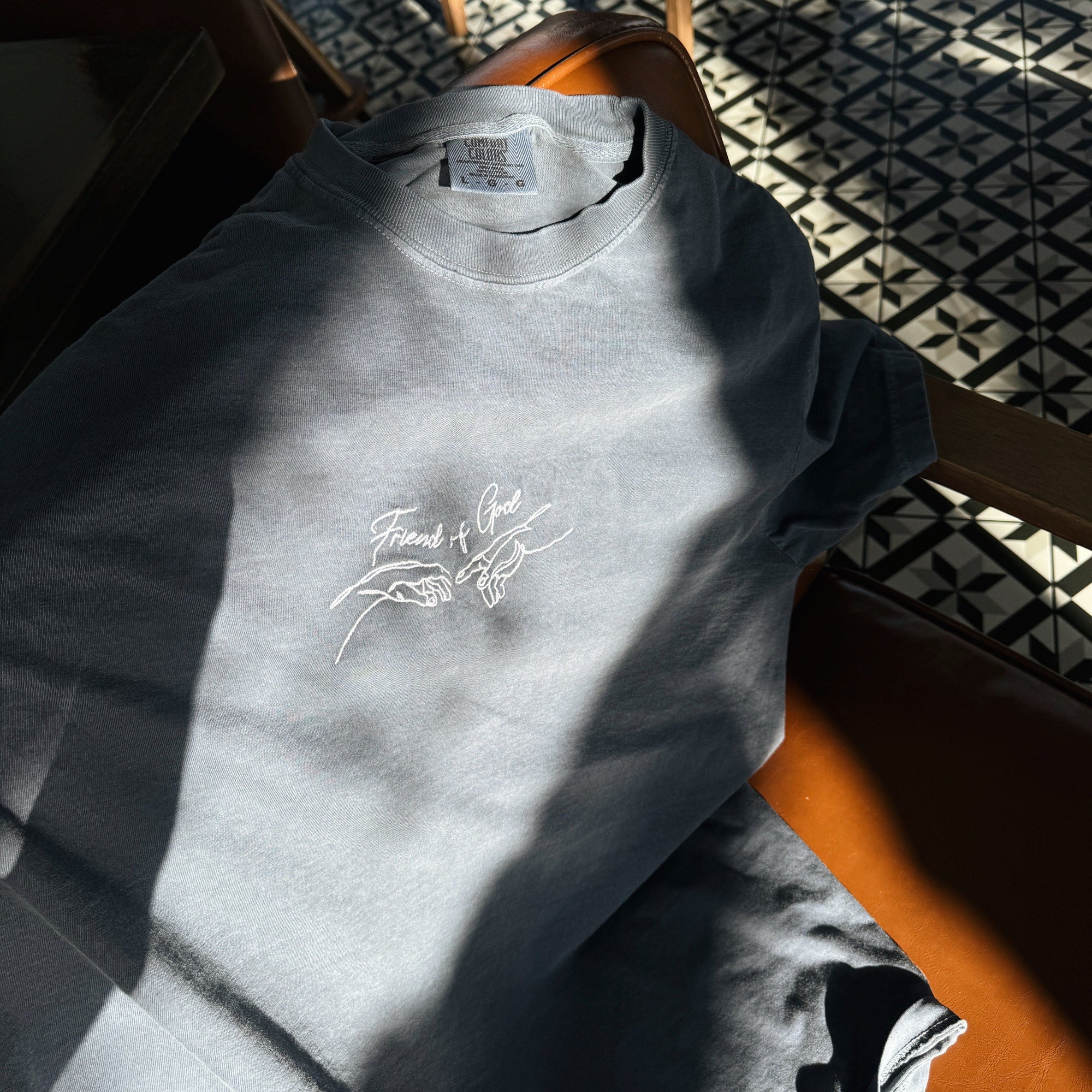 "FRIEND OF GOD" EMBROIDERED COMFORT COLOR TEE | DENIM