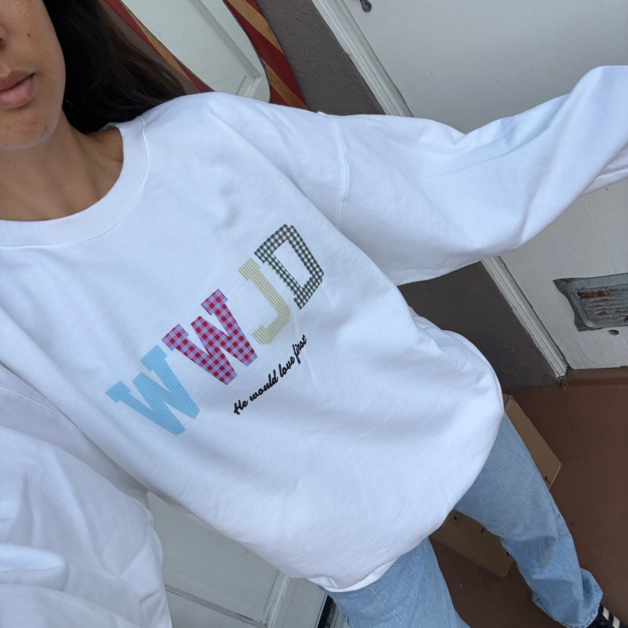 WWJD PATCHWORK CREWNECK