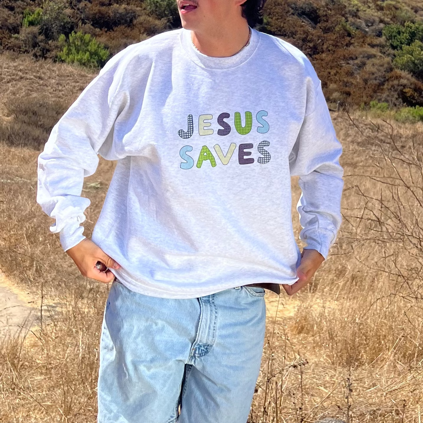 JESUS SAVES PATCHWORK CREWNECK