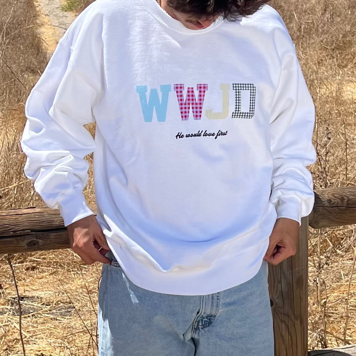 WWJD PATCHWORK CREWNECK
