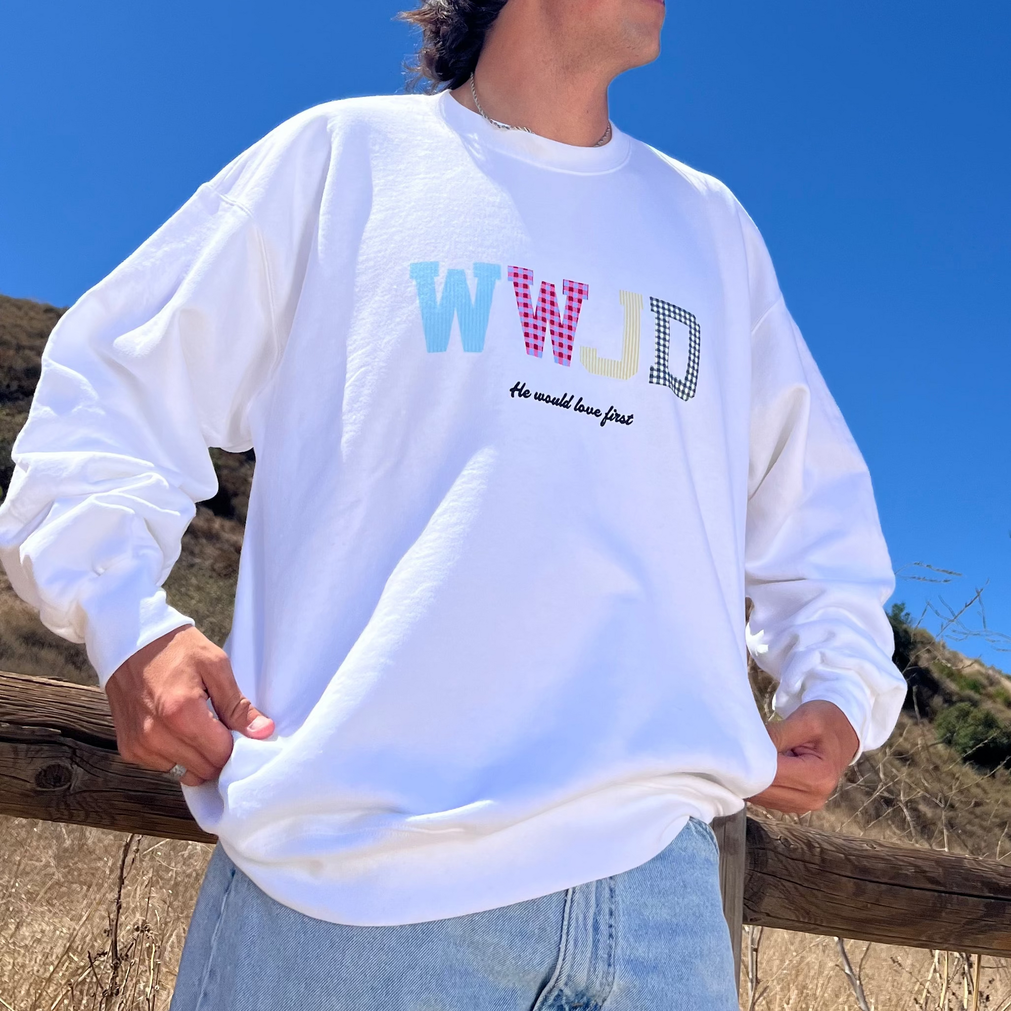 WWJD PATCHWORK CREWNECK