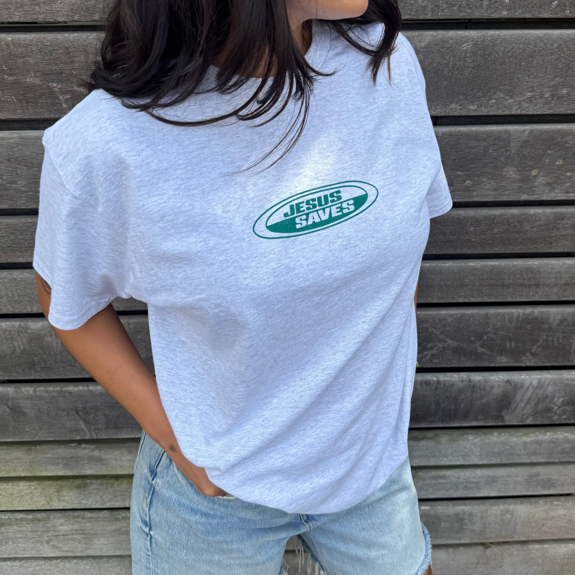 NEW! | "JESUS SAVES" RETRO TEE | ASH