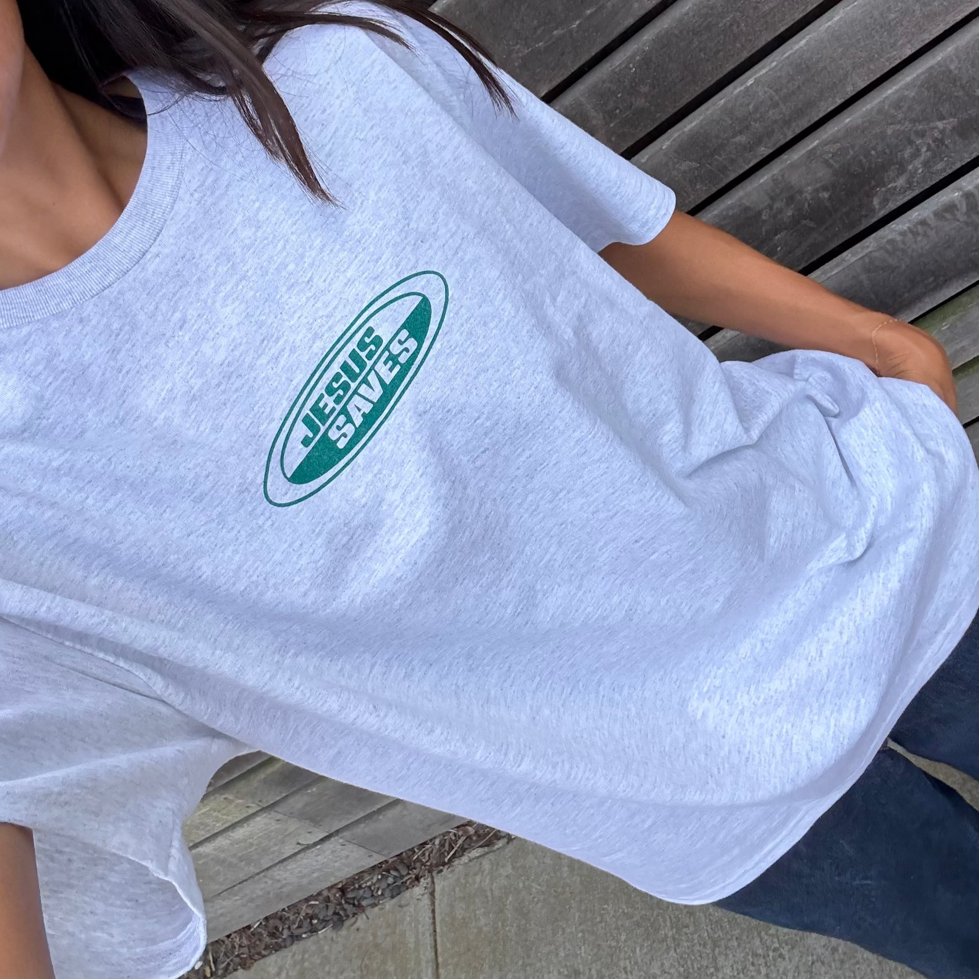 NEW! | "JESUS SAVES" RETRO TEE | ASH