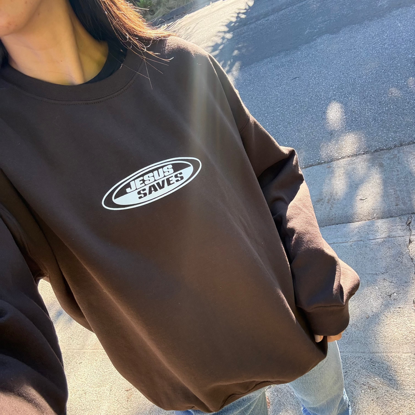 NEW! | "JESUS SAVES" RETRO CREWNECK | CHOCOLATE