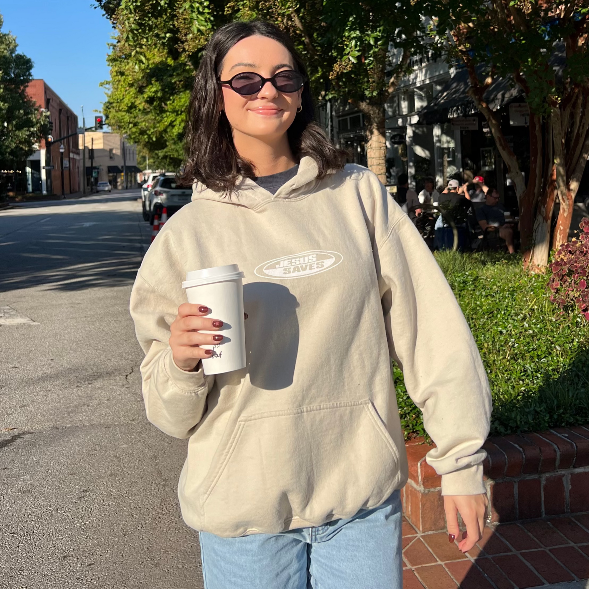 NEW! | "JESUS SAVES" RETRO HOODIE | SAND