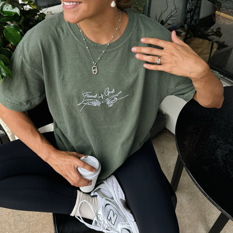 "FRIEND OF GOD" EMBROIDERED COMFORT COLOR TEE | MOSS