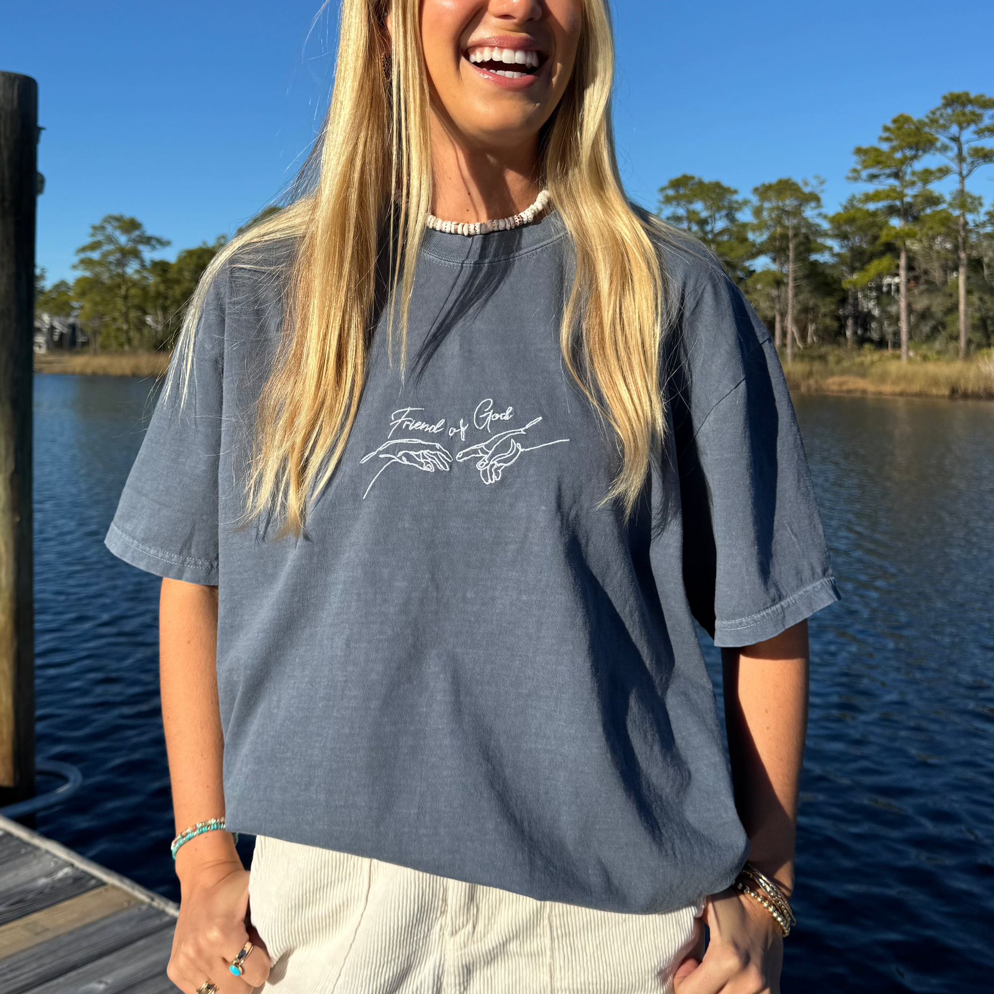 "FRIEND OF GOD" EMBROIDERED COMFORT COLOR TEE | DENIM