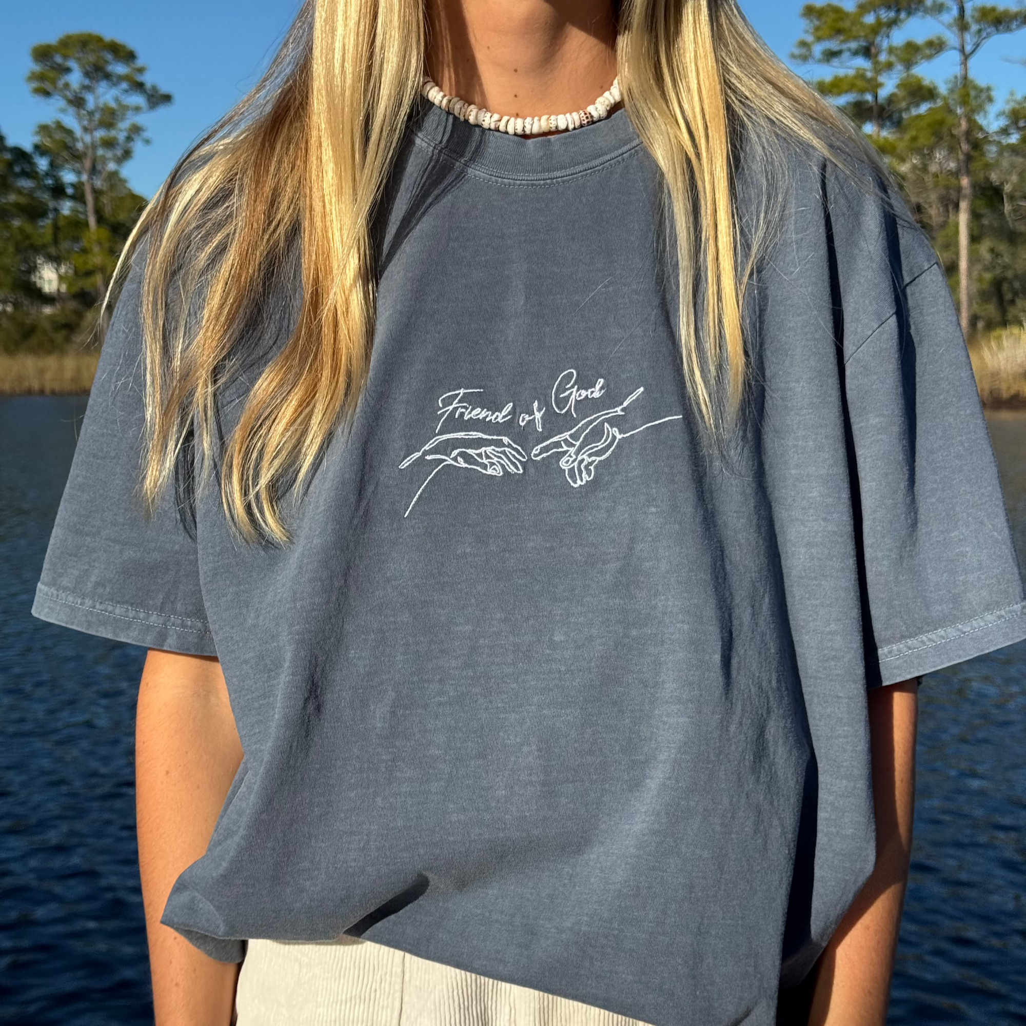 "FRIEND OF GOD" EMBROIDERED COMFORT COLOR TEE | DENIM