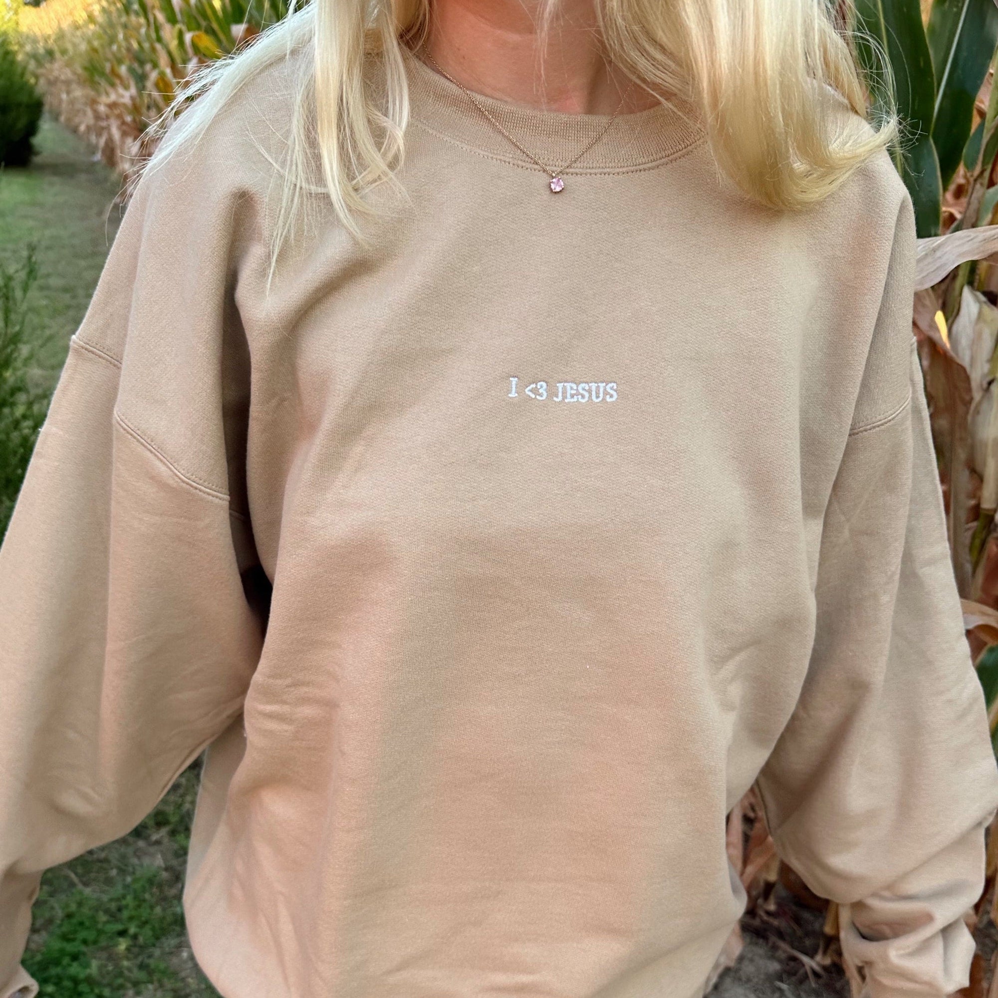 NEW | "I <3 JESUS" PREMIUM EMBROIDERED CREWNECK | LIGHT BROWN