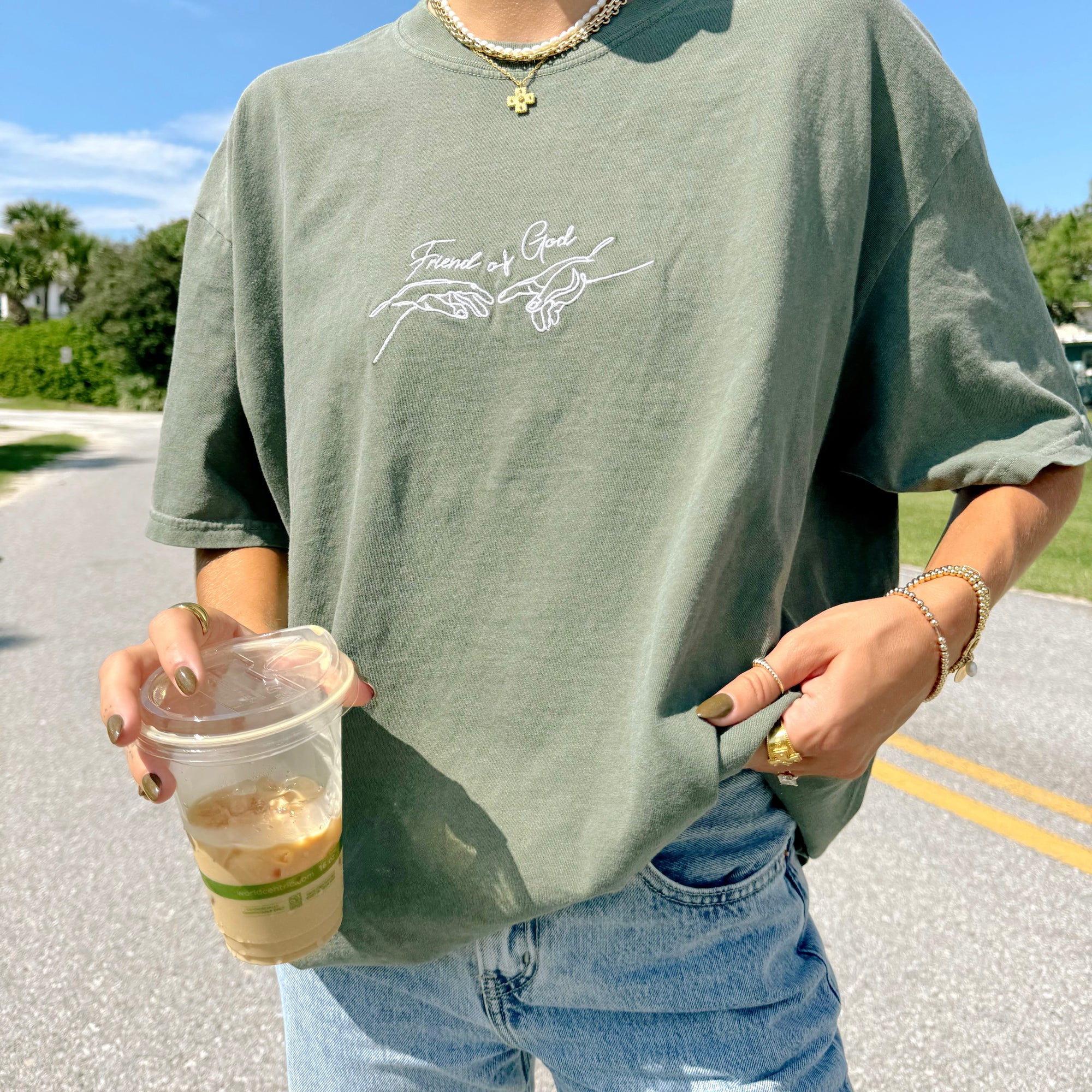 "FRIEND OF GOD" EMBROIDERED COMFORT COLOR TEE | MOSS