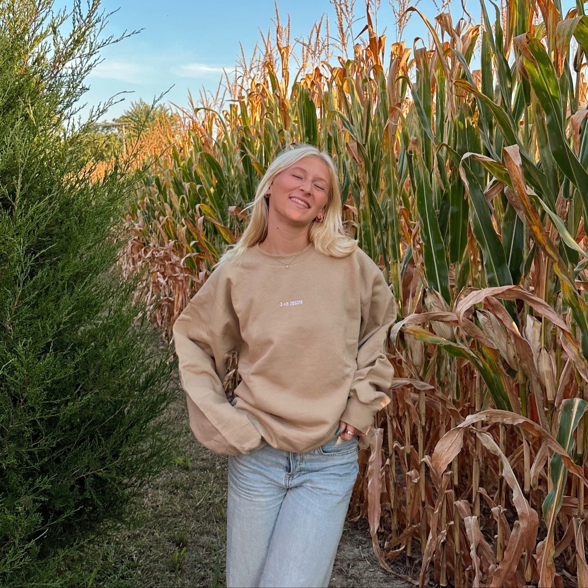 NEW | "I <3 JESUS" PREMIUM EMBROIDERED CREWNECK | LIGHT BROWN