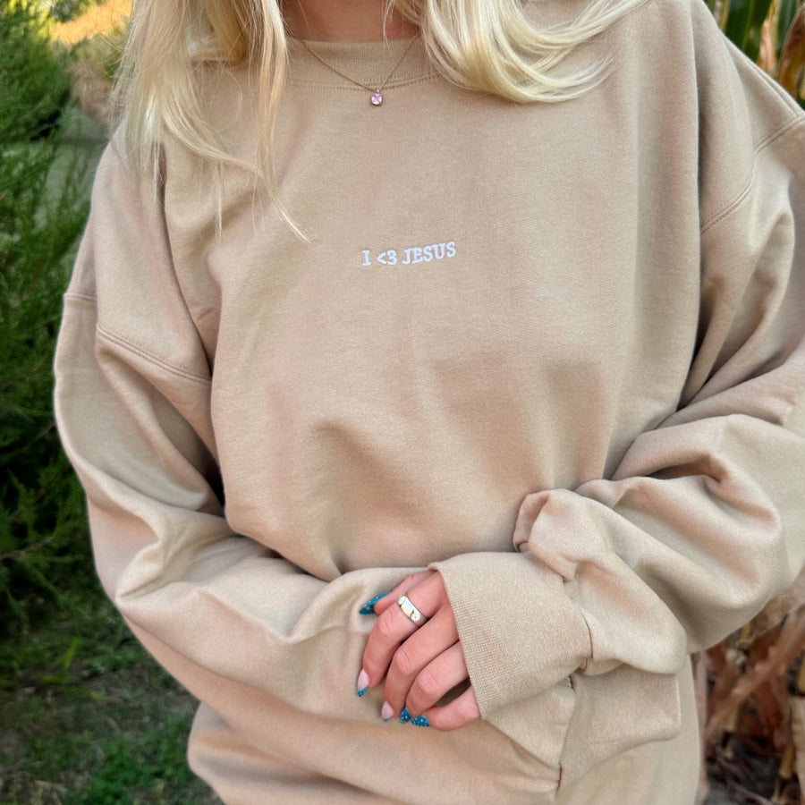 NEW | "I <3 JESUS" PREMIUM EMBROIDERED CREWNECK | LIGHT BROWN